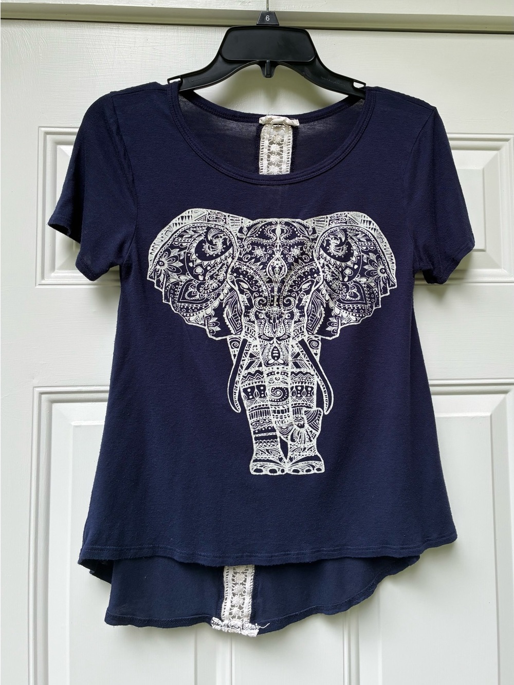 Moonchild Womens Sz S Blue Elephant Graphic Boho Hi Low Top Lace Back Tee Shirt